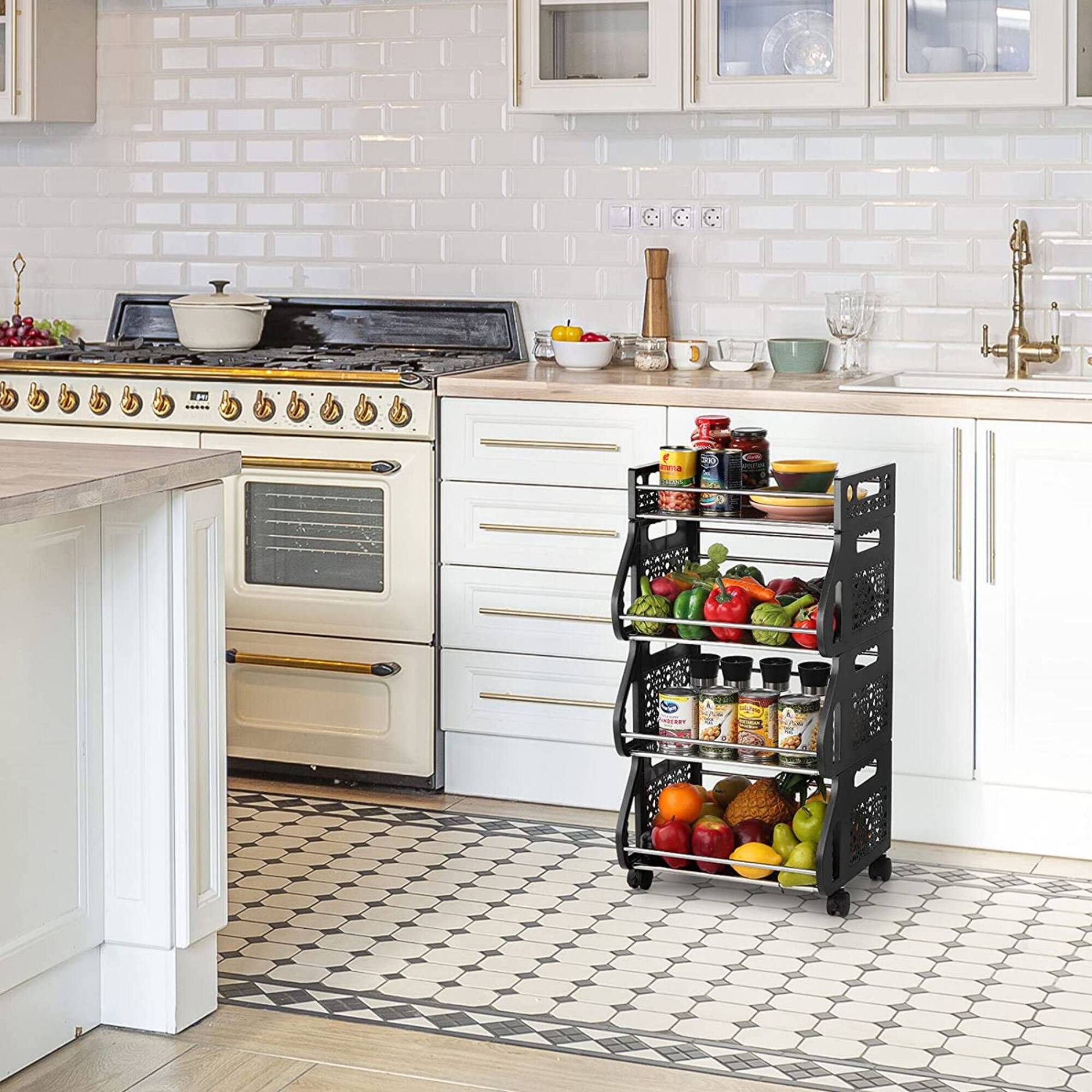 Black 4-Tier Rolling Stackable Fruit Basket Utility Cart